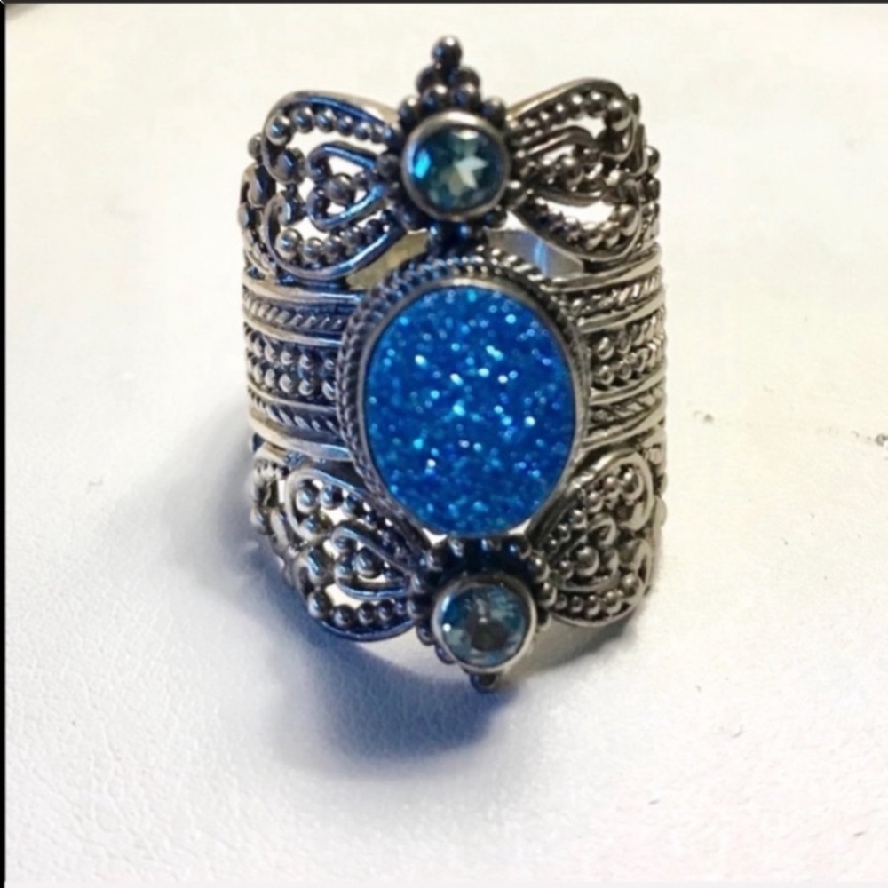 STERLING Silver GEMSTONE BLUE DRUZY QUARTZ & BLUE TOPAZ RING
